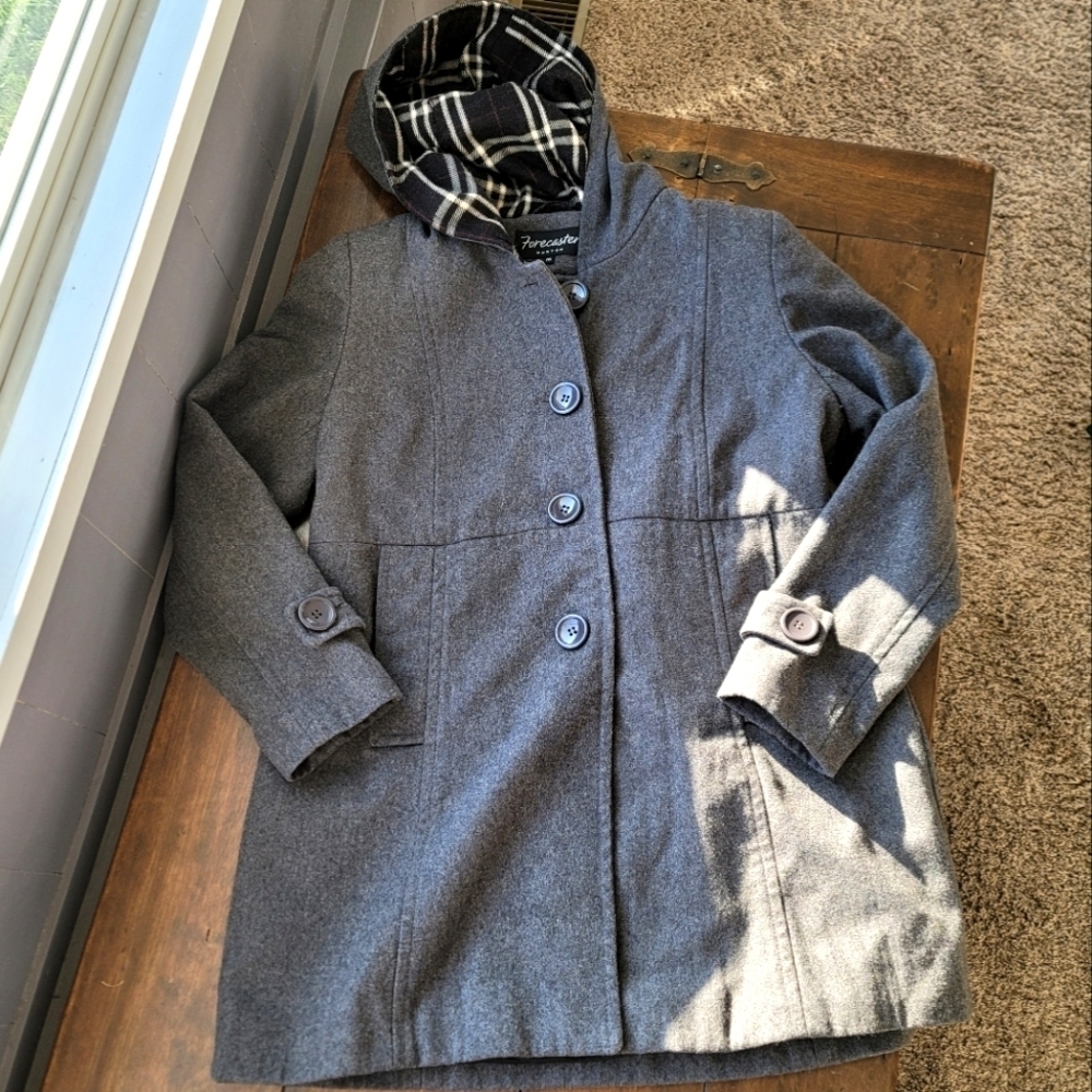 Forecaster of Boston Wool Mid Length Hooded Trench Coat size 16 Gray Plaid Hood